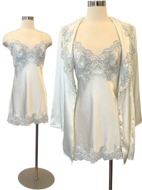 90s Victoria’s Secret Silky Satin White Lace Slip Dress Jacket Robe Vintage Set